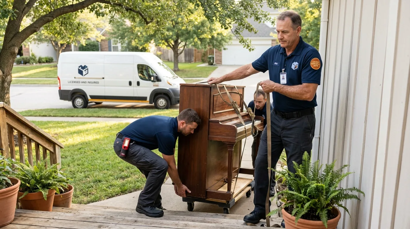 Licensed piano movers securing grand piano in David City, NE