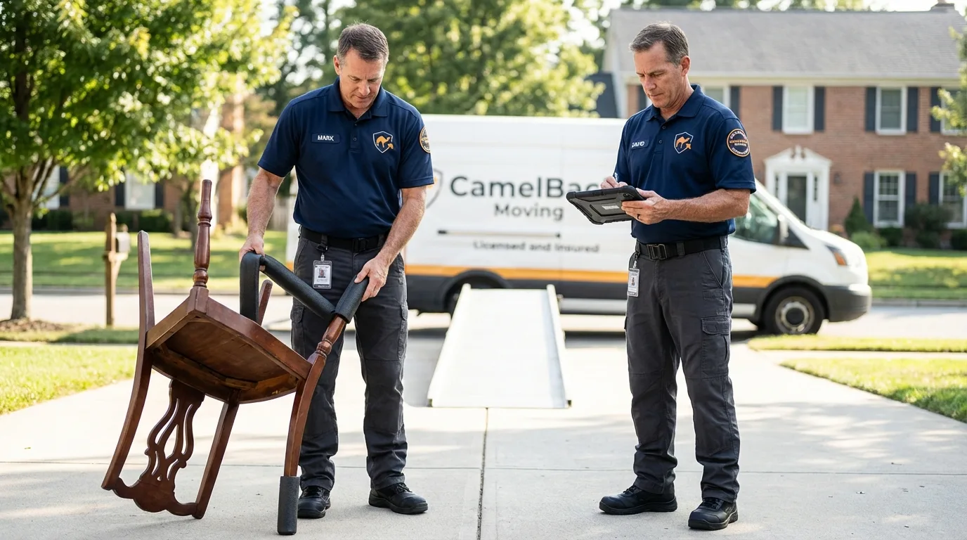 Movers inspecting furniture for damage prevention before loading in David City, NE