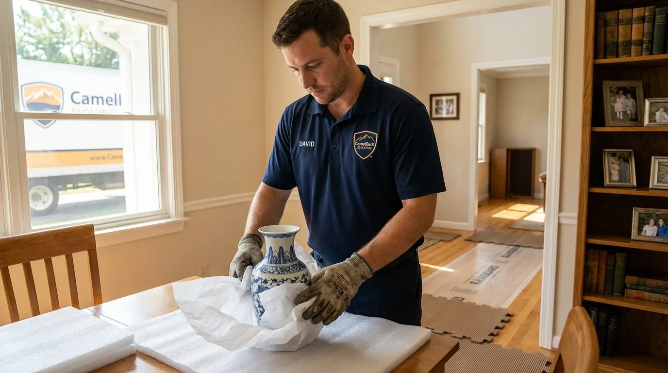 Professional crew carefully wrapping antique vase for senior downsizing move in David City, NE